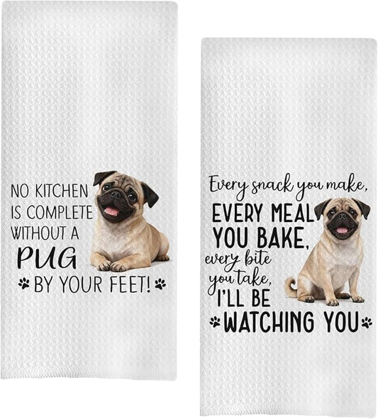 Pug Dog Kitchen Towels Set - Pug Gifts for Dog Lovers Women, Dogs Waffle Weave Hand Towels Dish Towels Decor, 16x24 Inch,Set of 2