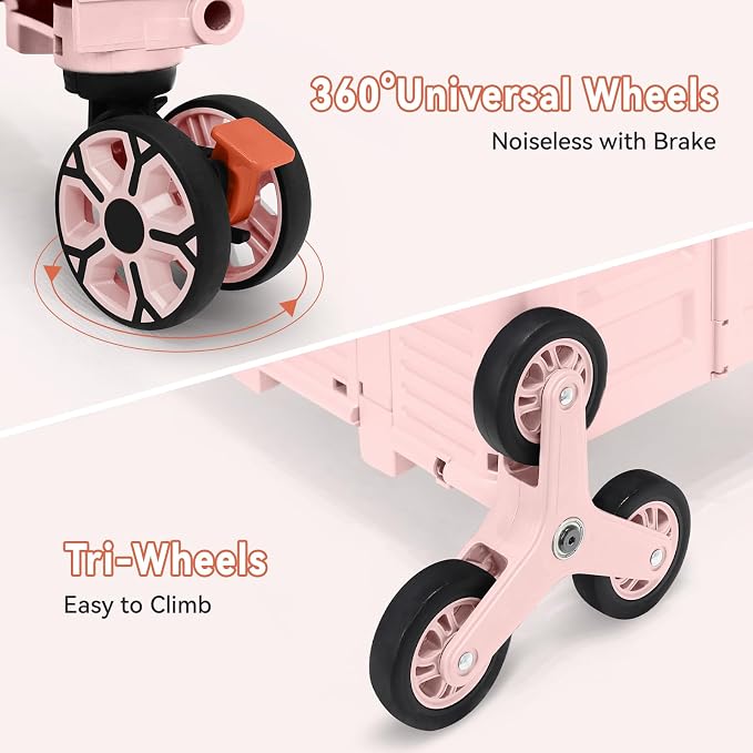 Foldable Utility Cart Portable Crate Rolling Dolly with Telescopic Handle,Can be Pulled diagonally, Magnetic Retractable Lid, 360°Swivel Climbing Wheels for Shopping Carrying Groceries Move Pink