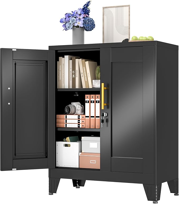 Black Metal Storage Cabinet, 36" Steel Locking Cabinets | Small Cabinet with Doors and 2 Adjustable Shelves, Utility Cabinet, Steel Locker Organizer for Office, Home, Garage, School