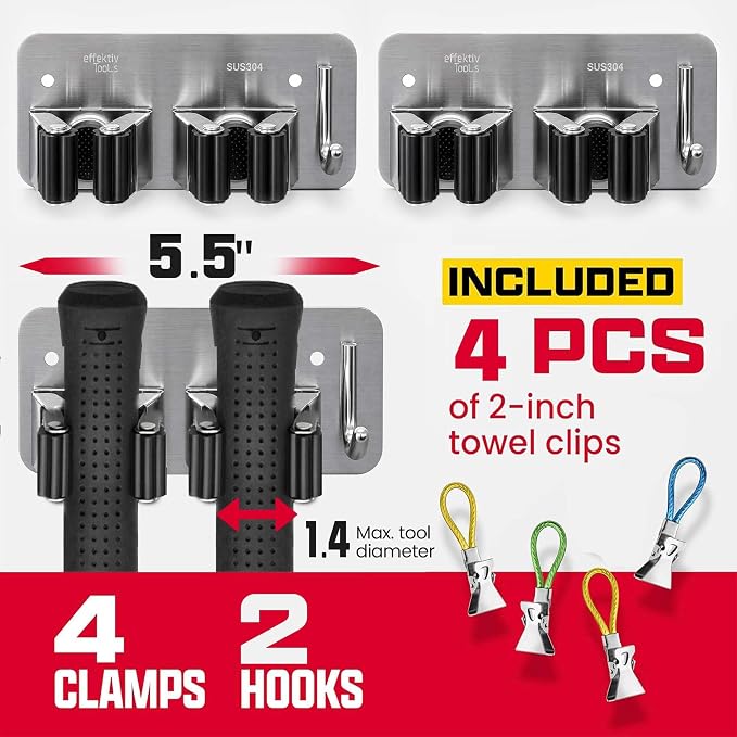 2 Pack Wall Mount Hanger for Brooms & Mops - Heavy Duty Adhesive Stainless Steel Utility Holder for Mops & Brooms, 2 Clamps, 1 Hook, & 4 Towel Hangers for Cleaning Organization & Storage