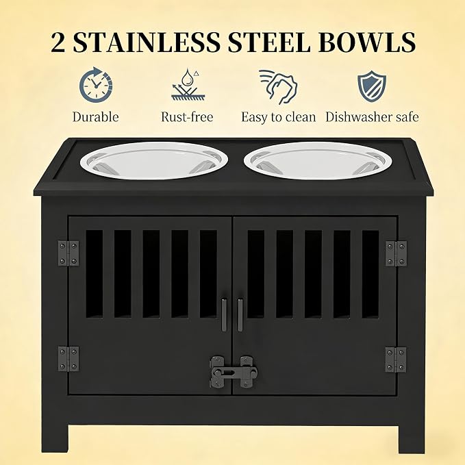 Dog Feeding Station with Storage, 2 Stainless Steel Bowls, Black, Elevated Dog Bowl Holder, Dog Feeder Stand, Wooden Dog Food Organizer for Indoor, Dog Food Storage Cabinet