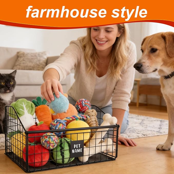Penitue Indestructible Dog Toy Basket, 42.5x28x21.5cm/16.7x11x8.5in Metal Storage Bin for Chew Toys Bones and Treats Durable Toy Organizer Pet Toys Box for Living Room Area (Black)
