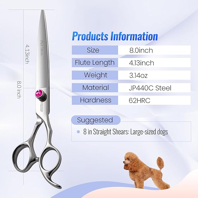 Straight Dog Grooming Scissors 8.0'' Long Large Pet Shears for Grooming Poodle Large Dogs Pet Japanese 440C Stainless Steel Dog Scissors Super Sharp(8.0'',Straight)