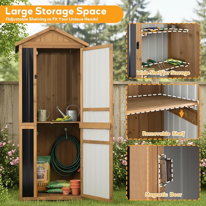 Outdoor Storage Cabinet, Extra-Tall Shed with Removable Shelf for Long Tool | Wood & Metal, Waterproof Asphalt Roof, Removable Shelf, Magnetic Lockable Doors, for Patio, Backyard, Garage, Garden