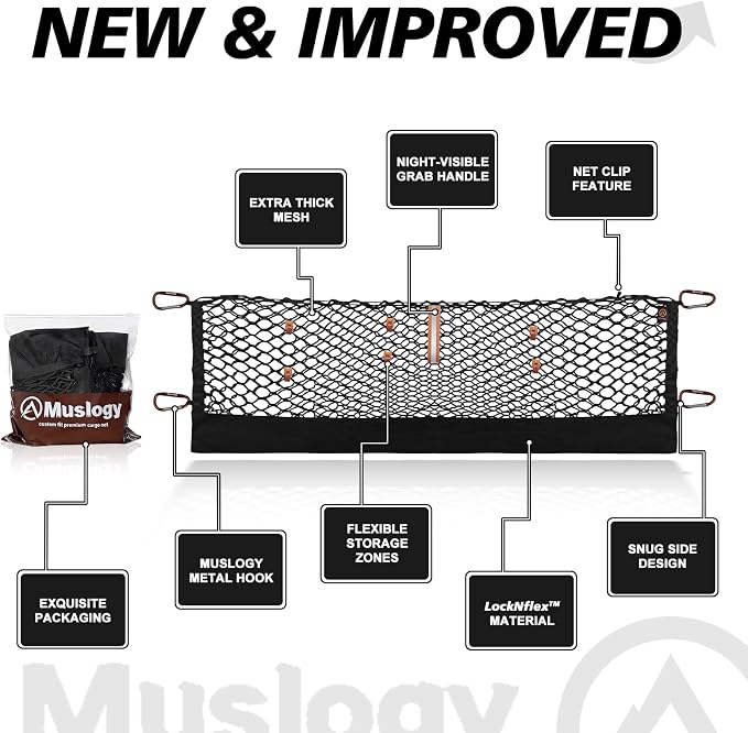 Muslogy Cargo Net for 2024-2026 GMC Acadia, Chevy Traverse, 2025+ Enclave | Custom Fit, Trunk Storage Organizer Net for SUV Sedan Van Divider, with Heavy Duty Carabiners, Night Visible Grab Handle