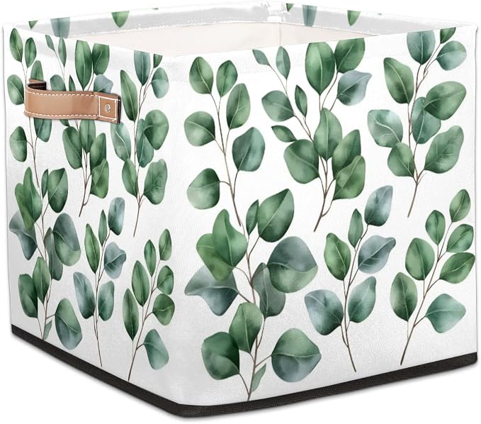 Eucalyptus Cube Storage Bin, 13 Inch Collapsible Fabric Storage Cubes Bin, Eucalyptus Leaves Foldable Cube Baskets for Shelf, Closet, Organizer