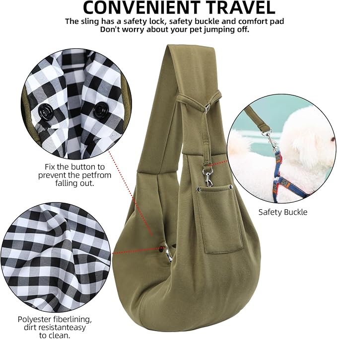 ARZQUT Dog and Cats Carrier Sling, Small Pet Carrier with Storage Pocket | Reversible Puppy Sling Carrier, Safety Buckle, Storage bag, Machine Washable for Travel, Outdoor Activitie, Hand-Free, Green