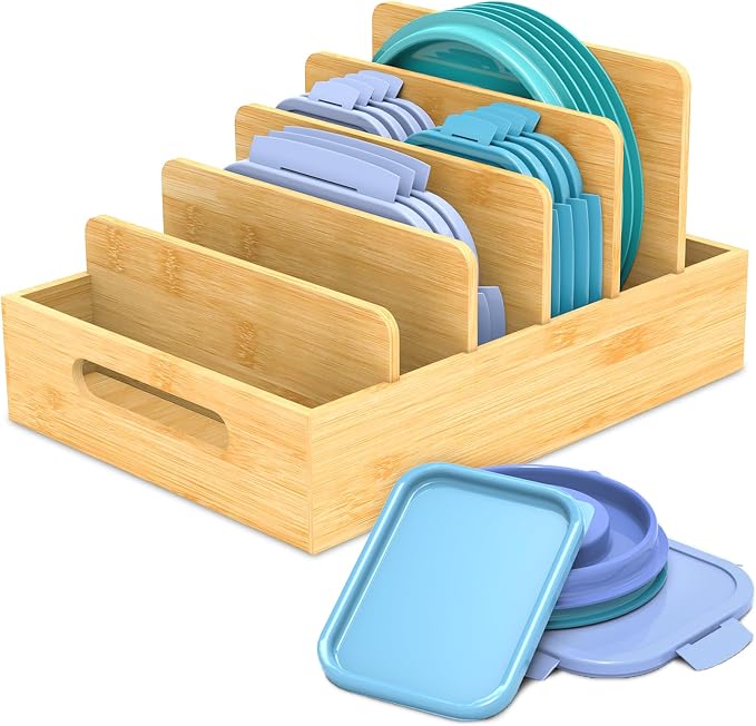 Retro Shaw Lid Organizer for Plastic Lids, with 5 Adjustable Dividers | Handmade, Bamboo, For Cabinet and Drawer, Kitchen Storage and Organization
