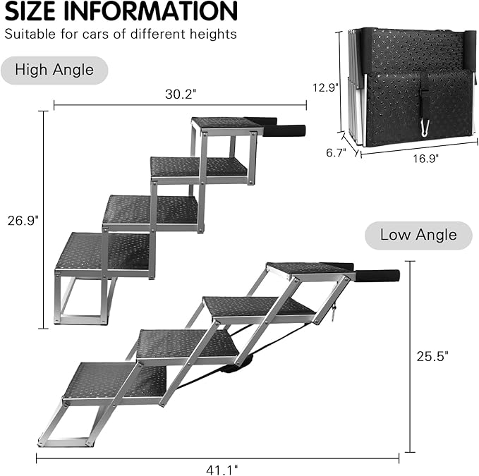 DGSL Folding Dog Stairs for Car, 16.9" Wide 4-Step Non-Slip Pet Steps | Portable Pet Stairs for Vehicle Access, Large Dogs, SUVs, Trucks and Home use
