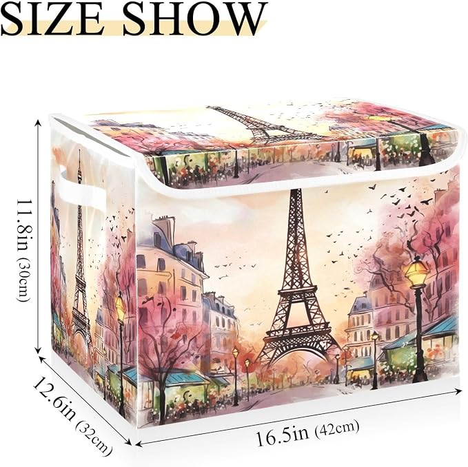 Watercolor Paris Storage Bins with Lids and Carrying Handle,Foldable Storage Boxes Organizer Containers Baskets Cube with Cover for Home Bedroom Closet Office