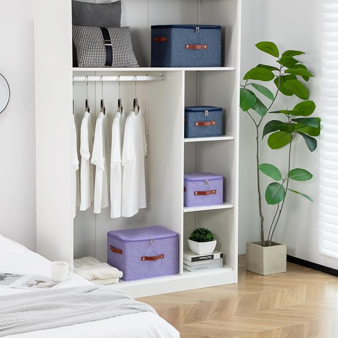 3PCS Storage Bins Boxes with Zippered Lid Decorative Baskets | Cotton Linen Fabric, Washable Foldable Stackable Cloth Container, Closet Shelf Organizer w/ PU Leather Handles, Purple-Small