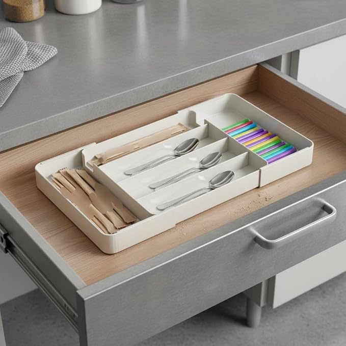 Drawer Organizer Expandable Utensil Tray Cutlery Holder Drawer Divider Storage Tray PET Construction With Removable Sections for Large Capacity