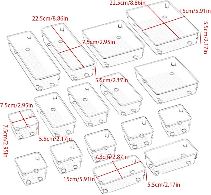 Clear Drawer Organiser Trays Set Multi-Size Storage Bins for Kitchen, Bathroom, Bedroom & Frosted Drawer Storage Containers with Dividers