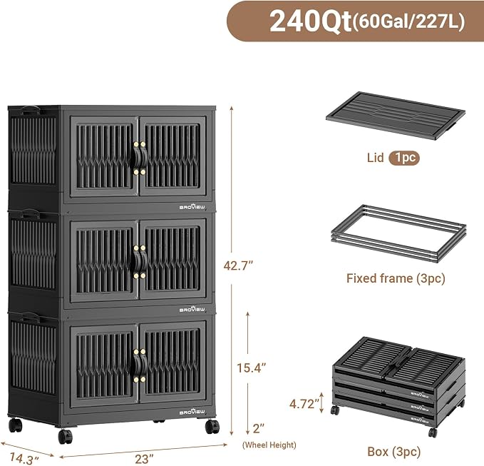 BROVIEW 240Qt Stackable Storage Bins with Lid for Home Dorm, 3Pack Black | Closet Organizers, Foldable & Collapsible Cabinets, Large Containers, Wheels & Magnetic Doors, Plastic Drawers for School