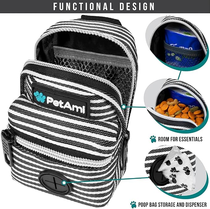 PetAmi Dog Poop Bag Holder for Leash, Pet Waste Bag Dispenser, Stripe Black | Doggy Puppy Walking Accessories Travel Camping, Dog Treat Pouch Supplies Must Have, Doggie Poo, Jogging, Walks