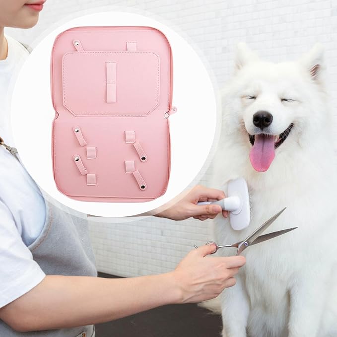 Pet Grooming Tool Storage Case Dog or Cat Grooming Supplies Dog Grooming Bag Portable PU Leather Storage Organizer Suitable for Professional Pet, Pink