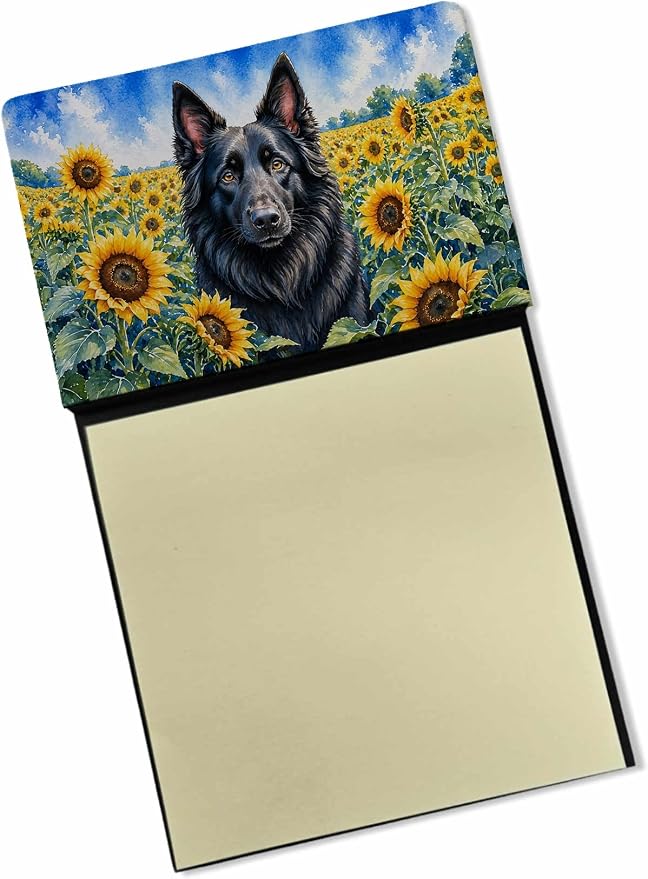 Caroline's Treasures Belgian Sheepdog in Sunflowers Watercolor Sticky Note Holder Refillable Dispenser Desk Accessory 3x3 Pad Gift