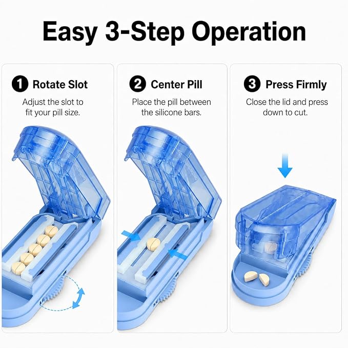ONE PIX Pill Cutter Splitter for Small and Tiny Pills, Multiple Pill Splitter with Centering Device & Hidden Blade, Adjustable Tablet Cutter for Large Pills, Seniors, Pets, Blue