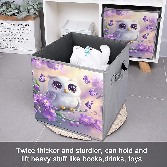 Owl Foldable Storage Bins, 10.6" Cube Storage Organizer, Sturdy Oxford Cloth Fabric Baskets for Closet, Shelf, Nursery, Bedroom, Decorative Printed Box for Toys & Clothes