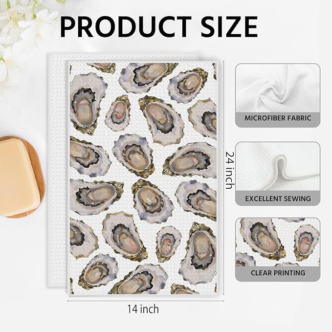 2PCS Vintage Oyster Kitchen Towels 14x24 Inch, Absorbent Microfiber Decorative Dish Cloth Tea Towel, Oyster Waffle Hand Towels for Farmhouse Kitchen Home Bathroom, Housewarming Gifts for Women Frend