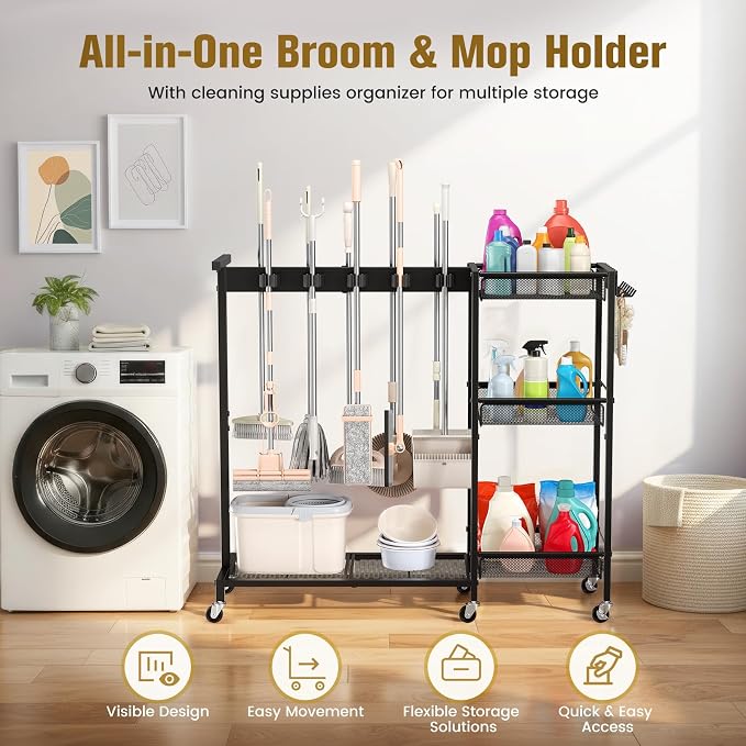 Broom Holder with Cleaning Supplies Organizer, Cleaning Utility Cart on Wheels, 10 Clips & 7 Hooks, 3-Tier Shelves, Broom Closet Storage Cabinet with Cleaning Caddy for Home Commercial Use