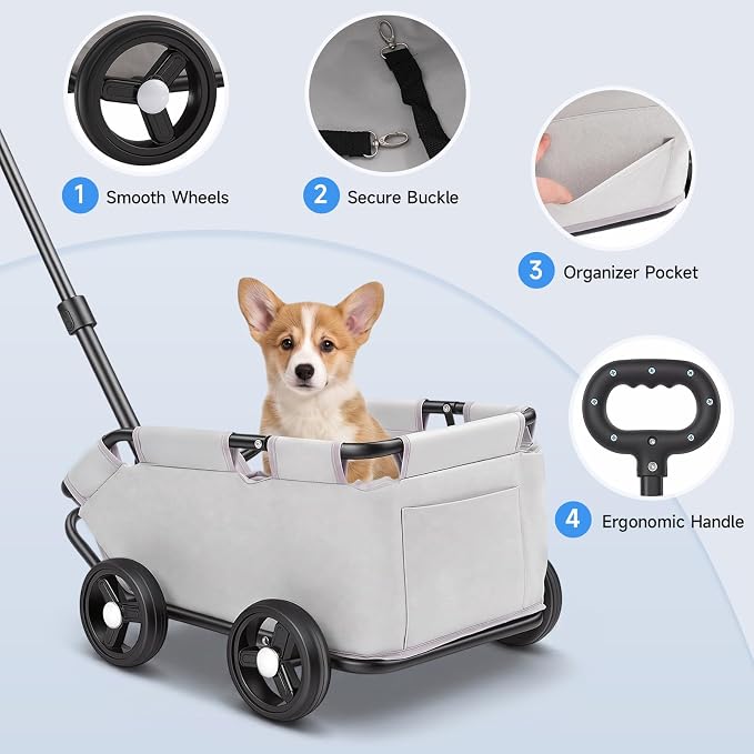 Folding Pet Stroller w/Wheels & Rotatable Handle, Dog Cart Up to 16.53 LBS | Portable Dog Stroller w/Safety Buckle&Storage Pocket, Lightweight Pet Cart, Durable Carbon Steel Frame, 45°Angled Design
