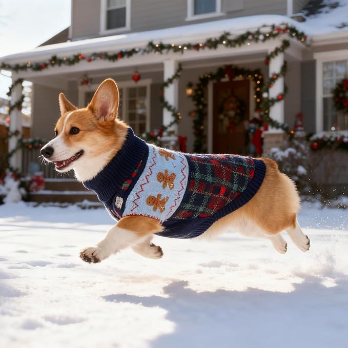 Dog Christmas Sweater Puppy Soft Holiday Xmas Clothes Pet Gingerbread Man Outfit for Small Medium Dogs and Cats Classic Argyle Turtleneck Knitwear (Navy Blue, Large)