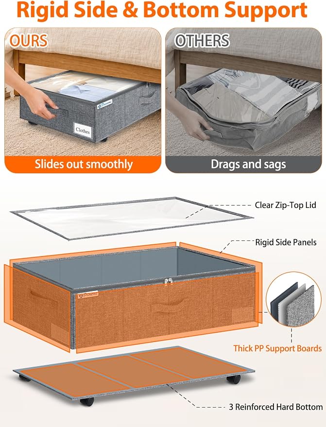 punemi 10 inch Tall 75L Under Bed Storage Bins with Wheels, 2-Pack, Gray | 5-Wheel Rolling Organizers with Clear Lids, for Clothes, Shoes and Blankets, Underbed, Closet & Dorm Organizataion