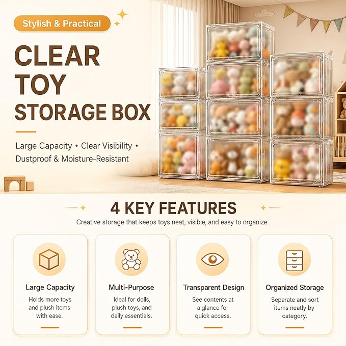 Clear PET Front Opening Doll Storage Boxes, Stackable Dustproof Plush Toy Organizer Bins, Transparent Stuffed Animal Display Case, for Kids Toys Collectibles Home Closet Organization(XX-Large)