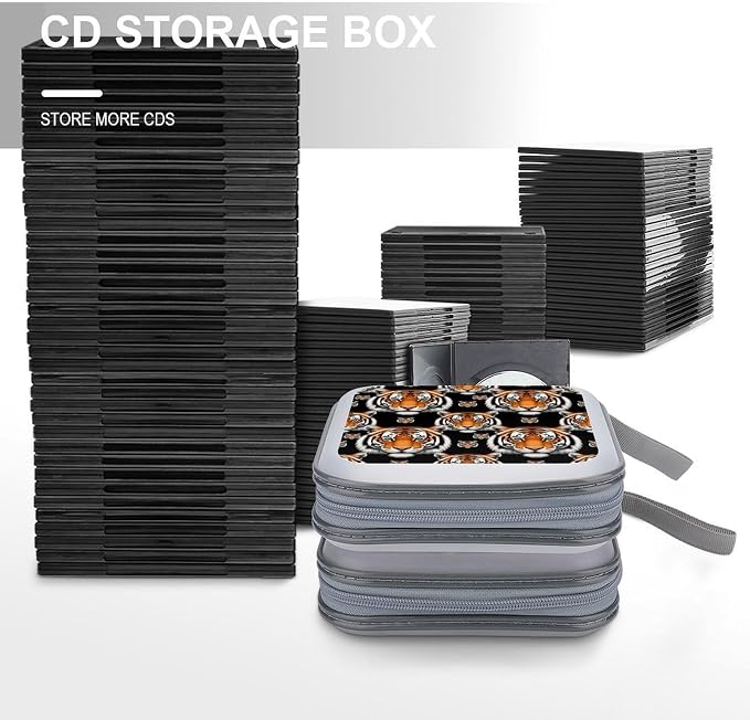 Protective 40-Capacity CD Organizer White Tiger, Hard Case Storage Binder with Zipper, Portable Wallet for Car Home Office