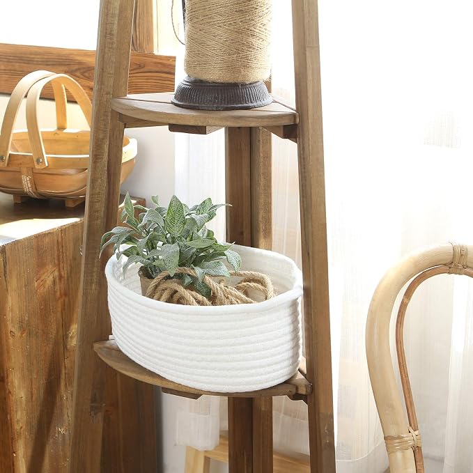 Sea Team 2-Pack Compact Woven Cotton Rope Storage Baskets, White | Knitted Decorative Organizer Bins with Handles, Portable Oval Containers for Small Items, Keys, Makeup, Jewelry, Trinkets