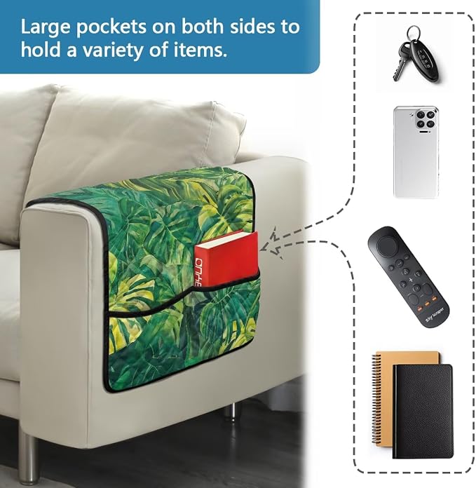 Palm Leaf Stretch Sofa Armrest Covers Arm Cover for Chairs Anti-Slip Couch Armrest Covers with 2 Pockets Furniture Armrests Protector for Sofa Couch Chair Recliner