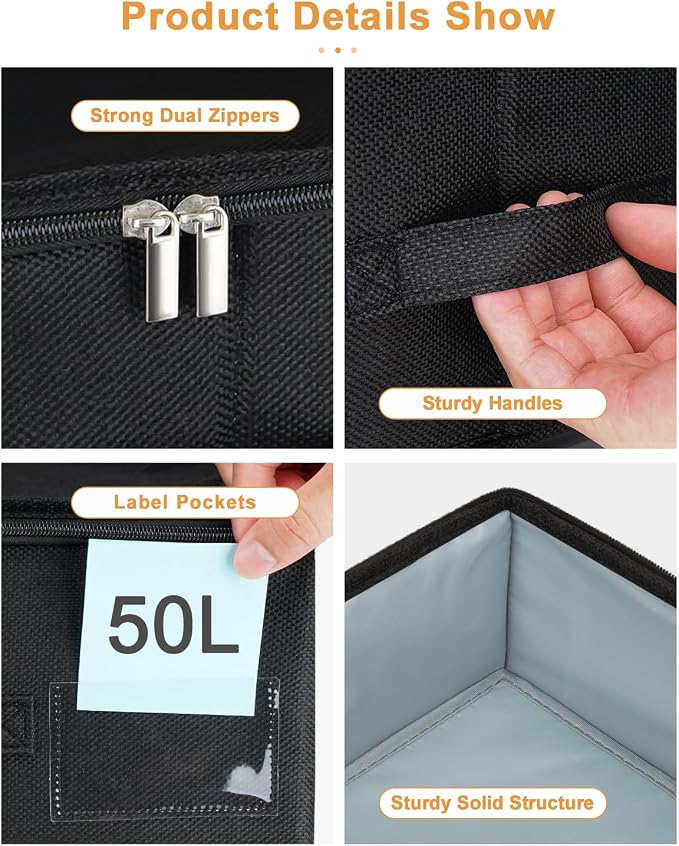 punemi 50L Under Bed Storage Container with Zipper Lid, 3Pack, Black | Sturdy Sides and Bottom wieh Ultra-Thick Fabric and 3 Handles, Foldable Design, for Blanket & Shoe Storage, Clothes Organizer