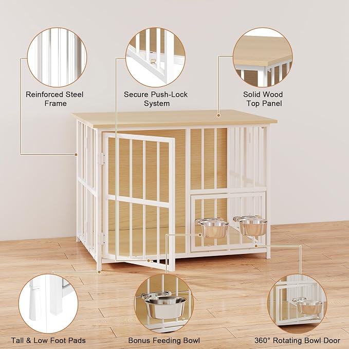 Hadulcet 27'' Foldable Dog Crate Furniture, Small Dog Kennel with 2 Bowls | Wooden Crate Table with Storage Top, Furniture Style Indoor Kennel for Small to Medium Dogs with Rotating Food Door, Oak