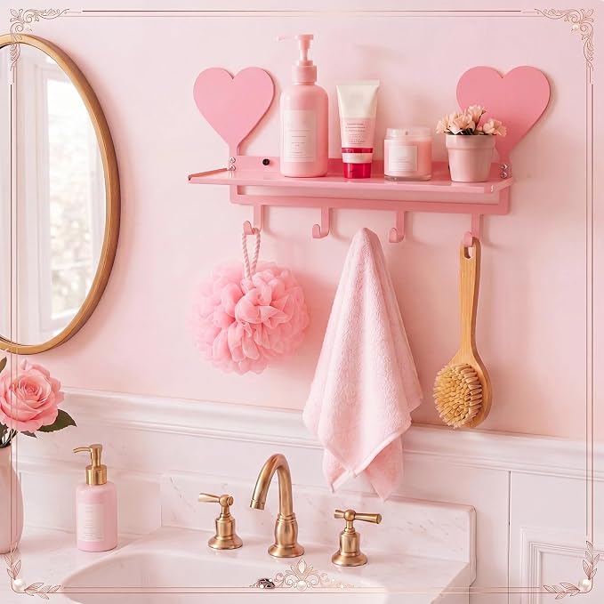 Pink Heart Metal Wall Mounted Coat Rack with Shelf 4 Hooks | Entryway Bedroom Organizer for Keys Purse Towel, Pet Leash Collar Hanger, Decorative Metal Shelf, Holds Bags Hats