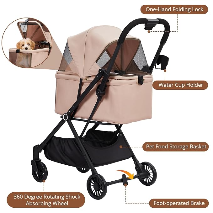 Foldable Pet Stroller for Medium Small Dogs Cats, 4-Wheel Lightweight Dog Stroller with 360° Swivel Wheels & Foot Brake, Breathable Mesh Weather-Resistant Luxury Cat Travel Carriage, 50 Lbs, Khaki