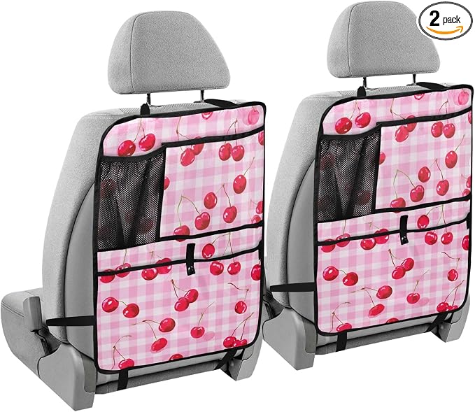 2 Pack Back Seat Car Organizer with Storage Pockets Kick Mats Back Seat Protector Hanging Car Organizer Automotive Seat Back Cover Organizers Pink Juicy Checkered Cherry