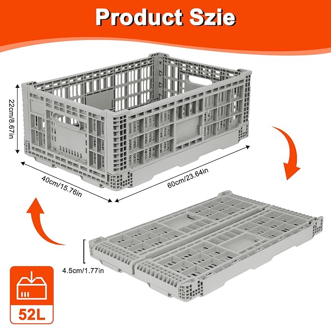 52L Collapsible Crate with Handles, Milk Crates Heavy Duty, | Hold 130 lbs Per Bin, Large Plastic Crate for Storage Items, Camping, Toy, Gardening & Trunk