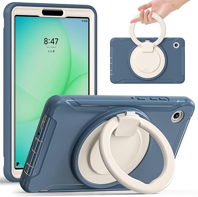 Heavy Duty Shockproof Case for Samsung Galaxy Tab A11 8.7 Inch 2025 (Model: SM-X133/X135/X135F) - with 360° Rotating Stand Handle, Built-in Screen Protector,Kid-Friendly Protective Cover (Deep Blue)
