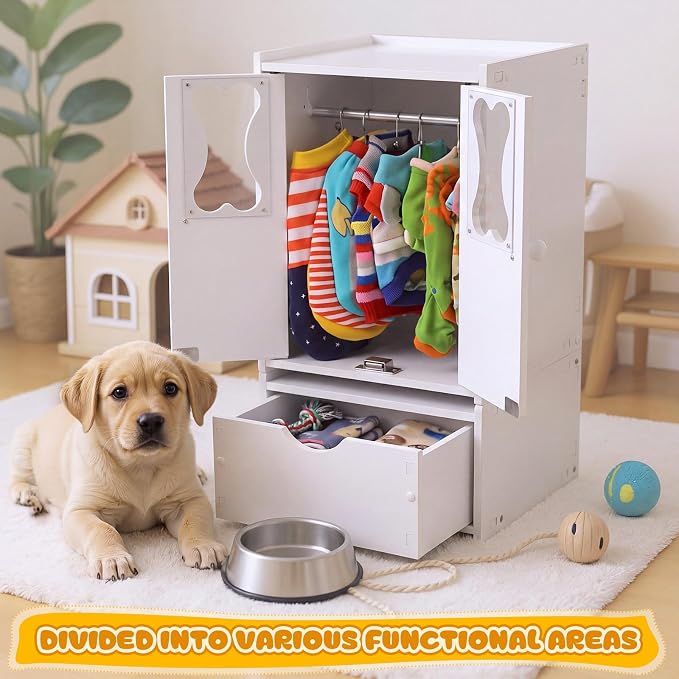 Teenyyou 22.84 x 12.99 x 12.6 Inch Pet Wardrobe Closet Dog Toy Clothes Storage Organizer with Doors and Telescopic Hanging Rod Combinable Drawers Closet Rack for Small Dog Cat Toys Clothes Accessories