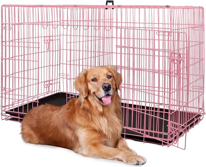 BestPet | Dog Crate | 48" | Pink | Foldable Metal Kennel with Double Doors | Secure Slide-Bolt Latches, Leakproof Tray | Portable Dog Cage for Large Breeds | for Travel, Indoor & Outdoor Use