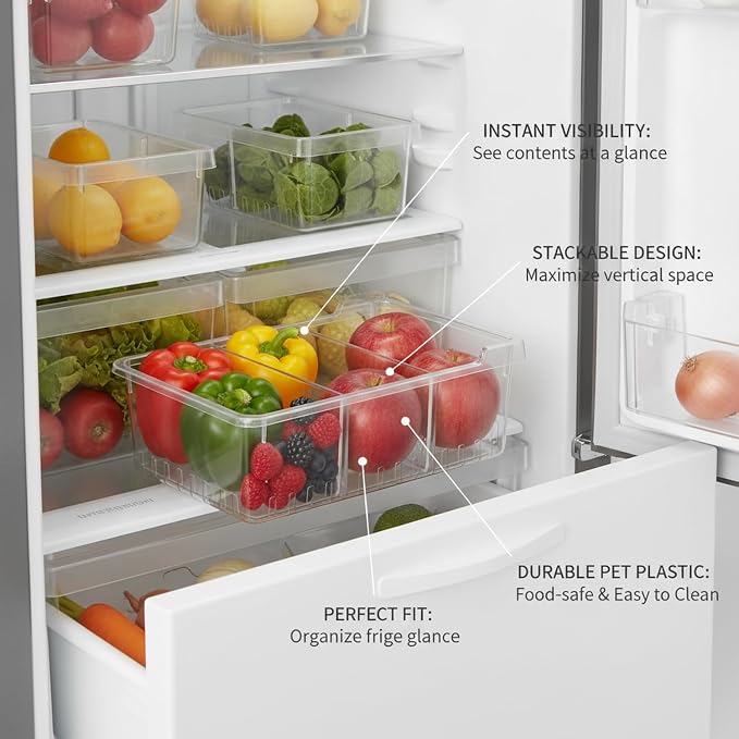 Clear PET Refrigerator Storage Bins - Stackable Produce Organizer for Fridge Drawers & Shelves, Durable Food Container (1 Pack)