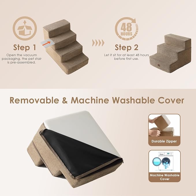 EHEYCIGA Dog Stairs for Small Dogs 13.5" H, 3-Step Dog Steps for Cats, Camel