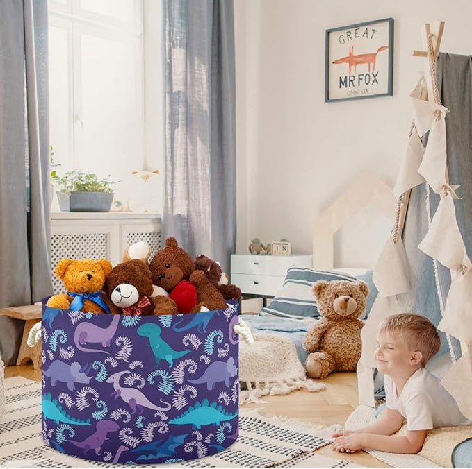 visesunny Blue And Purple Dinosaur Animal Nursery Hamper Basket Clothes Toy Storage Organizer Bin Box Collapsible Laundry Bag for Kid Room,Playroom,Bathroom,Living Room,Dorm