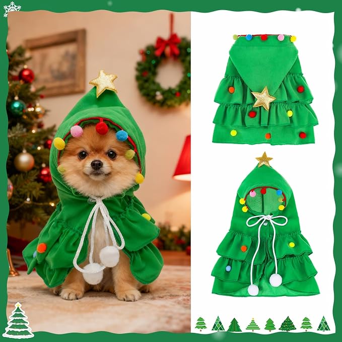 BEAUTYZOO 2 Pack Dog Christmas Costume with Santa Hat for Small Dogs Cats, Dog Christmas Outfit, Cute Pet Xmas Tree Costume Clothes, Puppy Xmas Hoodie Cloak, Cat Holiday Cosplay Dress, Green