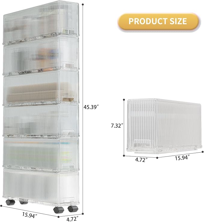 KHNR Slim 6 Tier Bathroom Storage Cabinet with Wheels, Narrow Gap Organizer Shelf, Tower for Shampoo, Towels, Toilet Paper Toiletries, Perfect for Bathroom Corner or Beside Toilet, Clear White