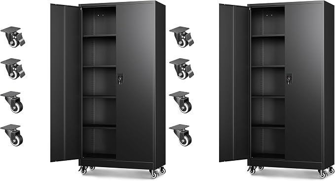 Metal Garage Storage Cabinets with Wheels,Steel Tool Cabinets Lock Door and Adjustable Shelves for Home,Office,Warehouse Organisieren (Black, 75" H) (Pack of 2)