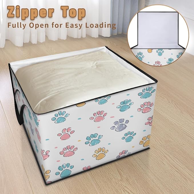 Paw Print Large Storage Bags, Fabric Bed Storage Containers, Foldable Closet Organizers for Blanket, Clothing, Comforter, Bedding, Puppy Dog Paw