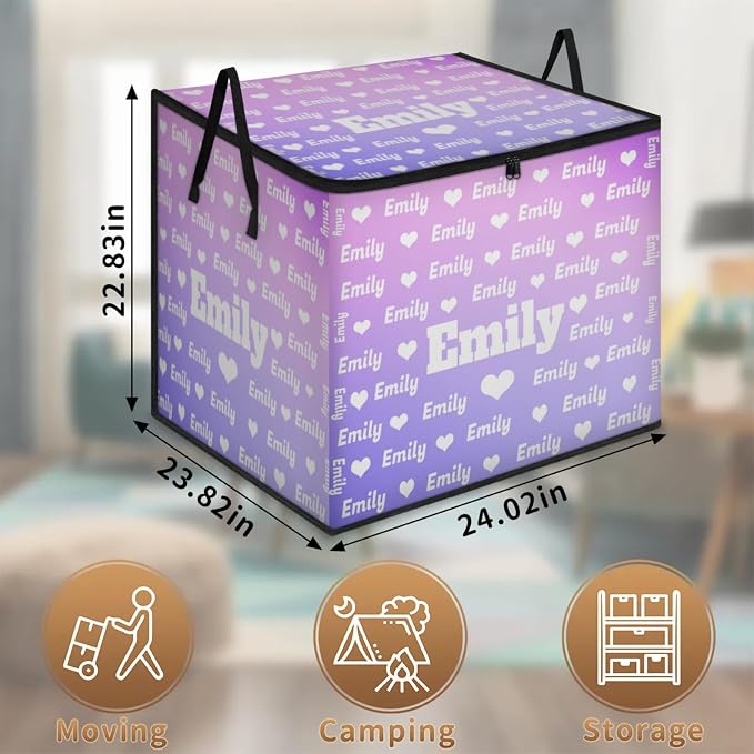 Personalized Extra Large Storage Basket with Lid, Comforters, Bedding Storage Bin with Handles for Home, Collapsible Basket Love Hearts Gradient Light Purple for Clothes, Moving, Car Trunk