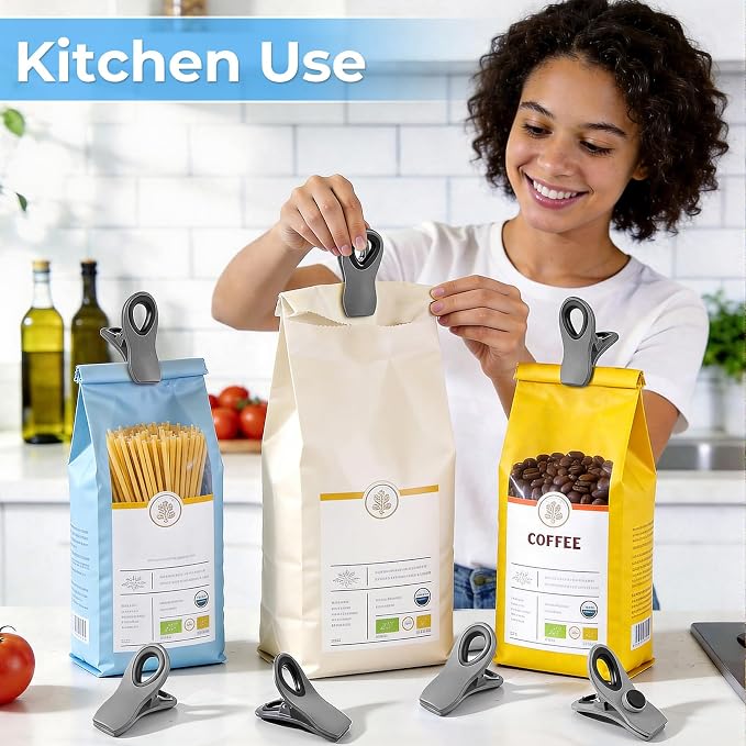 12 Pack Chip Clips, Bag Clips for Food, Magnetic Sealers for Chips and Other Food, Plastic Bag Clip for Kitchen, Fridge, Clothes, Sewing and Artwork (Grey)